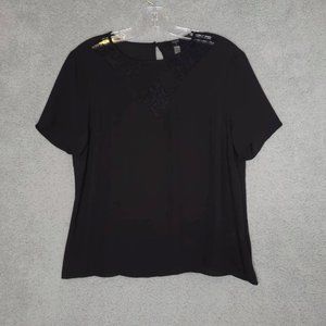 Tahari Womens Blouse Black Short Sleeve Scoop Neck Lace M New‎